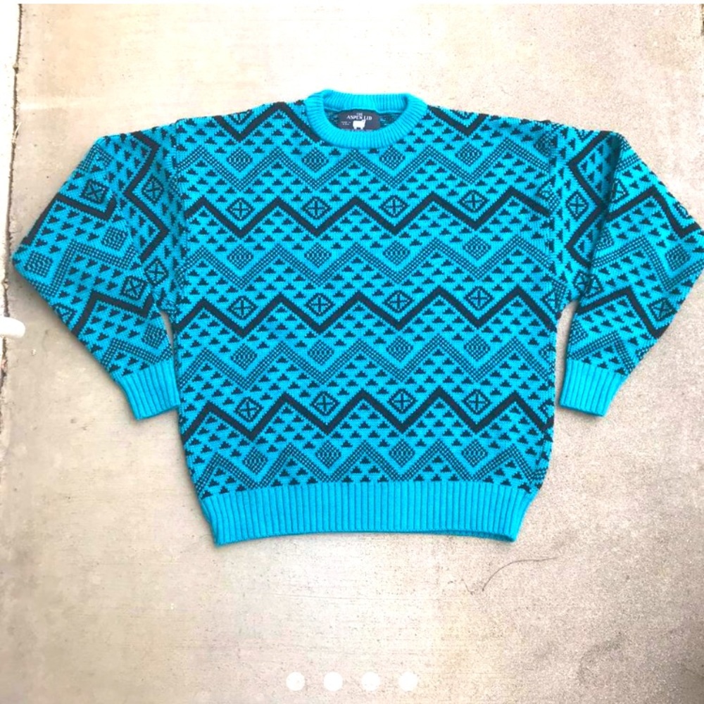 Vintage Aspen Lid 90s Geometric Turquoise and Black Oversized Sweater